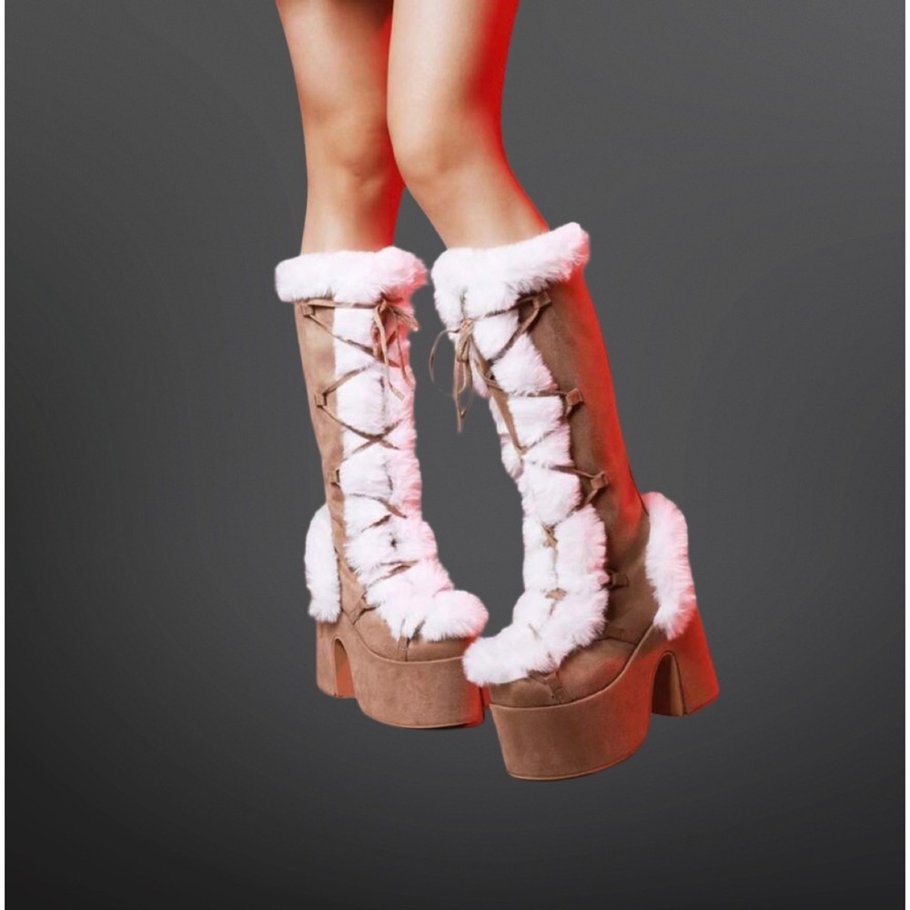 Tan Faux Suede Platform Boots with White Faux Fur Trim Lace Up Tall Boots goth